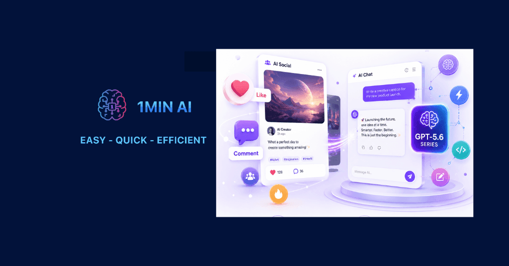 1MIN AI branding with brain icon alongside stylized social media and chat application interfaces.