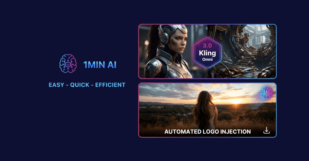 1MIN AI branding presented with a futuristic warrior and a scenic sunset view.