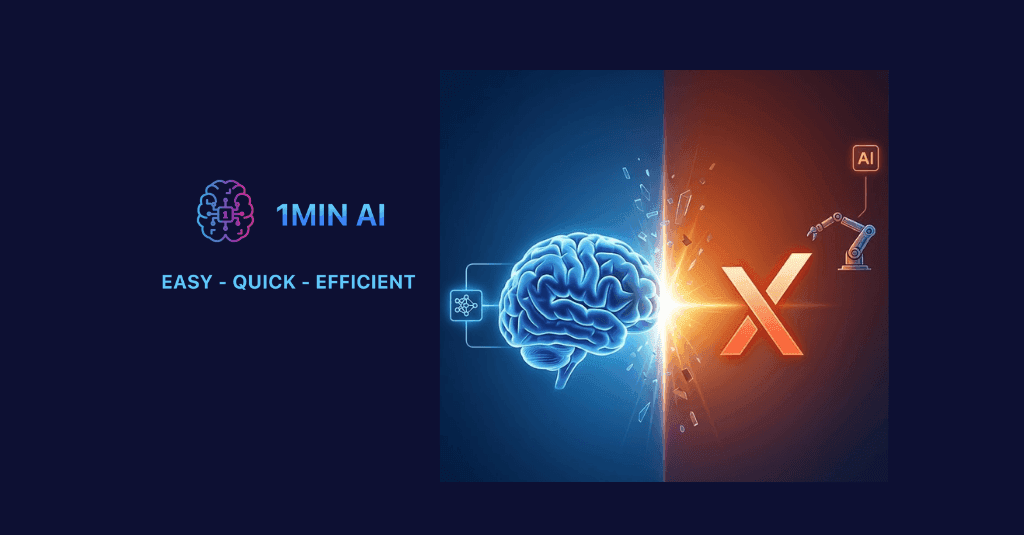 1MIN AI brain and text 'EASY QUICK EFFICIENT' contrasting with X logo and robot.