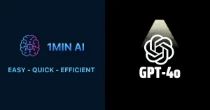 Left: 1MIN AI logo with slogan. Right: Spotlighted OpenAI logo above 'GPT-40' text.