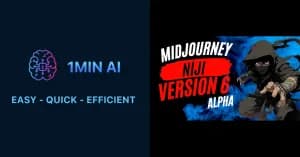 Split image displaying '1MIN AI' and 'MIDJOURNEY NIJI VERSION 6 ALPHA' with a ninja figure.