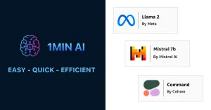 1MIN AI branding and slogan with cards for Llama 2, Mistral 7b, and Command AI models.