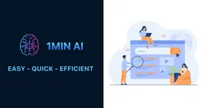 Logo 1MIN AI and slogan "EASY - QUICK - EFFICIENT" next to a web development illustration.
