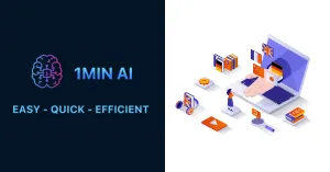 1MIN AI logo and text 'EASY - QUICK - EFFICIENT' with laptop showing digital content.