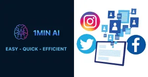1MIN AI logo and text alongside social media icons for content generation.