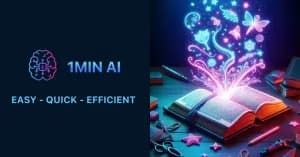 1MIN AI logo, text, and an open book glowing with colorful, magical symbols.