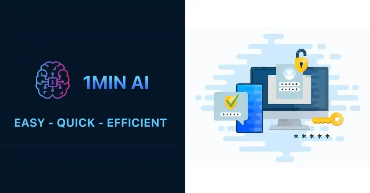 Split image showing '1MIN AI' logo and text next to cybersecurity icons on a desktop.